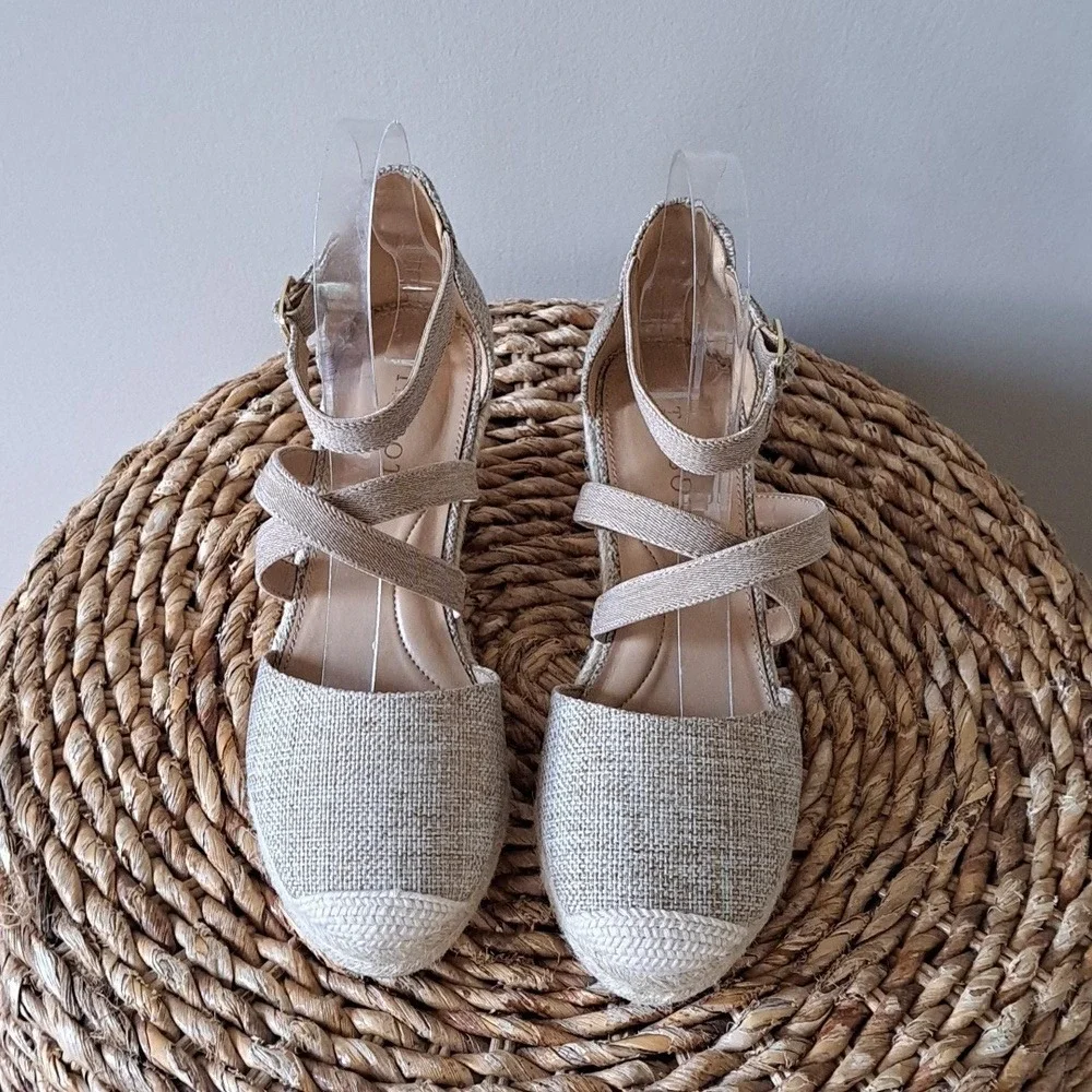 Talbots Womens Lyndsay Strappy Beige Woven Canvas Wedge Espadrille Sandals S-7